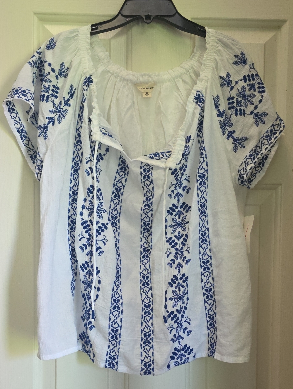 White Peasant Top with Blue Embroidered Stripes - Women's